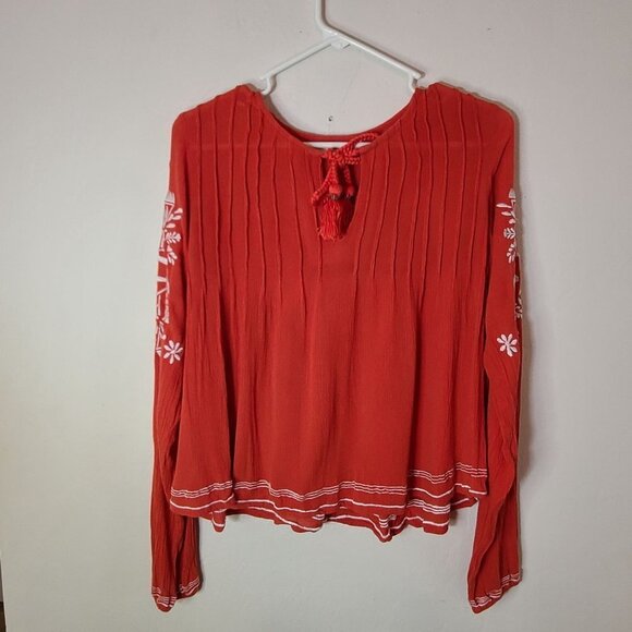Tularosa Embroidered Rose Top Long Sleeve Persimmon Orange Size Small Bohemian - Picture 9 of 12